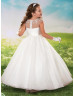 Beaded Sheer Neck Ivory Tulle Flower Girl Dress